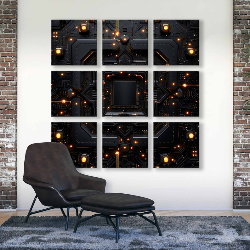 May include: A black and gold abstract wall art print with a circuit board design. The print is divided into nine squares, each with a different pattern. The squares are arranged in a grid pattern.