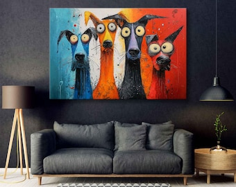 May include: A vibrant canvas print depicting four cartoon-style dogs with large eyes and elongated features. The dogs are painted in bold colours like blue, orange, black, and red, set against a backdrop of contrasting shades. The artwork hangs above a grey sofa.
