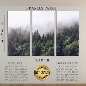 Puede incluir: Una impresi&oacute;n en lienzo de tres paneles que presenta una escena de bosque brumoso. La impresi&oacute;n est&aacute; disponible en varios tama&ntilde;os, con el tama&ntilde;o total que va desde 90 cm por 60 cm hasta 210 cm por 140 cm. Cada panel est&aacute; disponible en tama&ntilde;os que van desde 30 cm por 60 cm hasta 70 cm por 140 cm. La impresi&oacute;n est&aacute; etiquetada como "Mejor calidad garantizada".