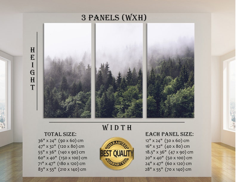 Puede incluir: Una impresi&oacute;n en lienzo de tres paneles que presenta una escena de bosque brumoso. La impresi&oacute;n est&aacute; disponible en varios tama&ntilde;os, con el tama&ntilde;o total que va desde 90 cm por 60 cm hasta 210 cm por 140 cm. Cada panel est&aacute; disponible en tama&ntilde;os que van desde 30 cm por 60 cm hasta 70 cm por 140 cm. La impresi&oacute;n est&aacute; etiquetada como "Mejor calidad garantizada".
