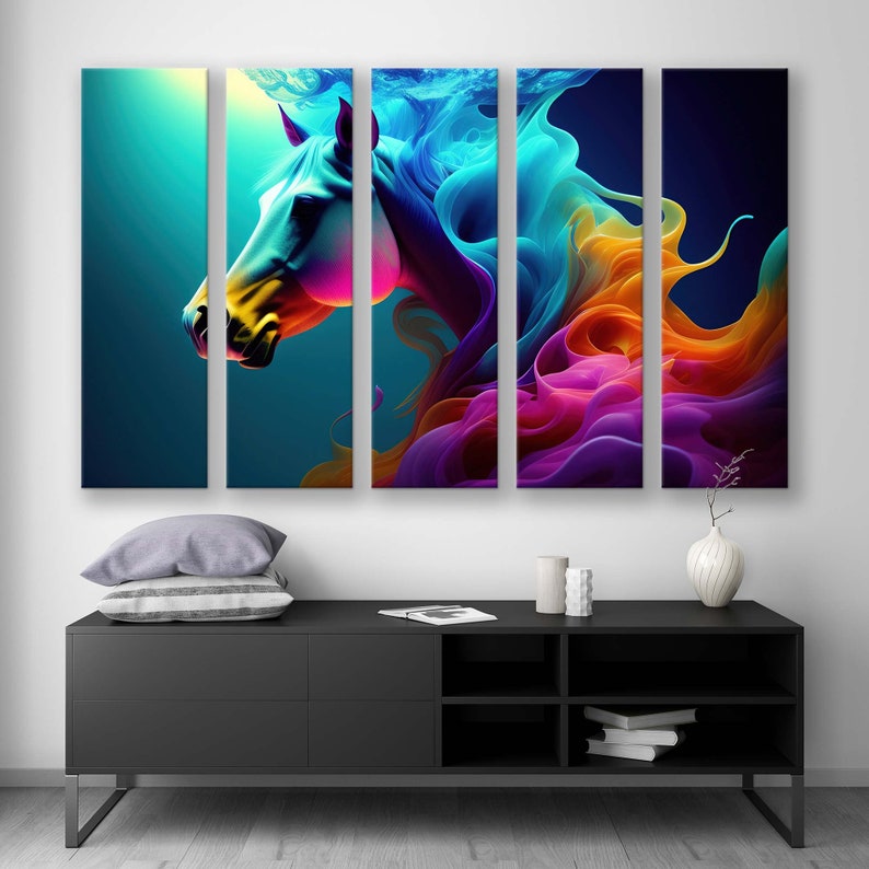 May include: Abstract art print of a colourful horse with flowing mane and tail. The print is divided into five panels, each featuring a different colour.