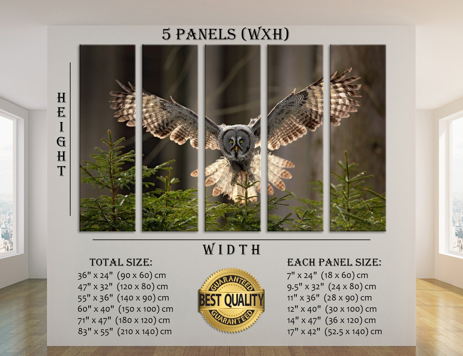 Forest With Owl Canvas Print Flying Great Grey Owl Print Art Green ...