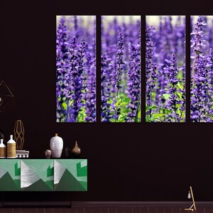 May include: A set of four framed prints featuring a close-up of purple lavender flowers in a field.