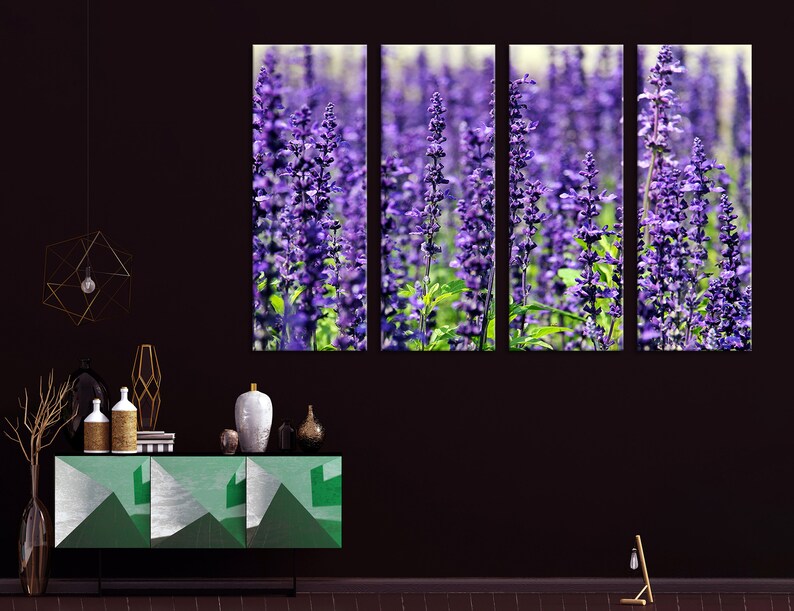 May include: A set of four framed prints featuring a close-up of purple lavender flowers in a field.
