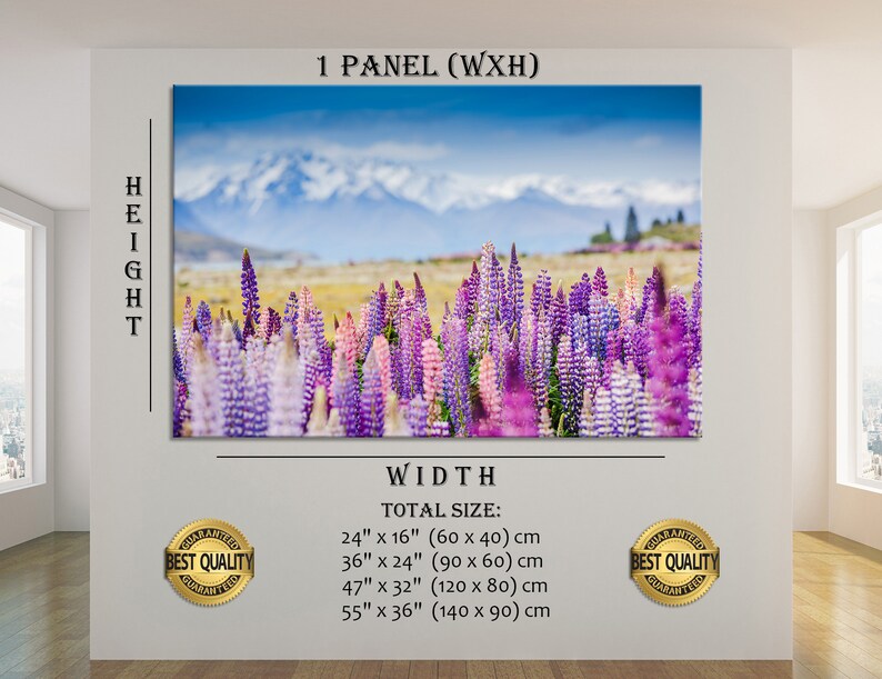 May include: A canvas print featuring a field of purple and pink lupine flowers with a snow-capped mountain range in the background. The print is available in multiple sizes, including 60 cm x 40 cm, 90 cm x 60 cm, 120 cm x 80 cm, and 140 cm x 90 cm.