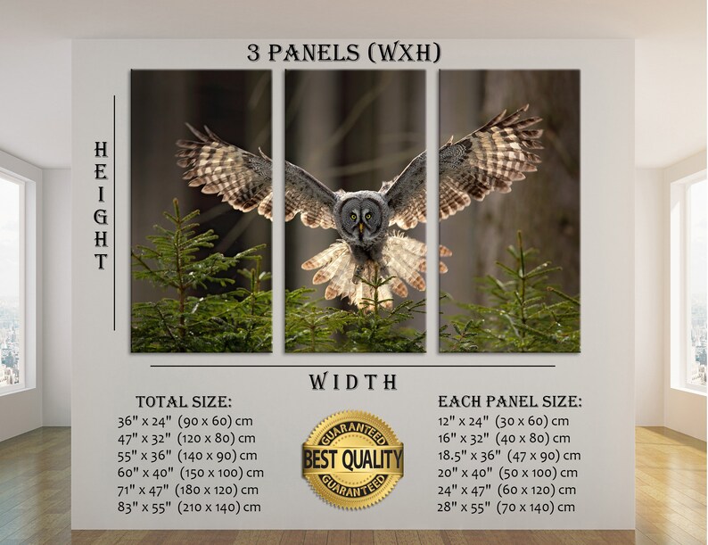 Forest With Owl Canvas Print Flying Great Grey Owl Print Art Green ...