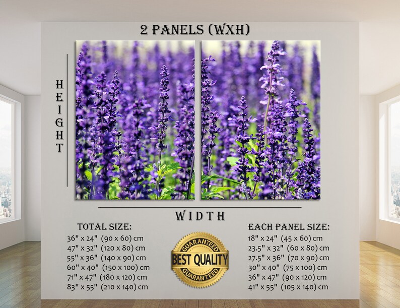 May include: Two-panel canvas print featuring a close-up of a field of purple lavender flowers. The print is available in various sizes, with the total size ranging from 36 inches by 24 inches to 83 inches by 55 inches. Each panel measures between 18 inches by 24 inches and 41 inches by 55 inches.