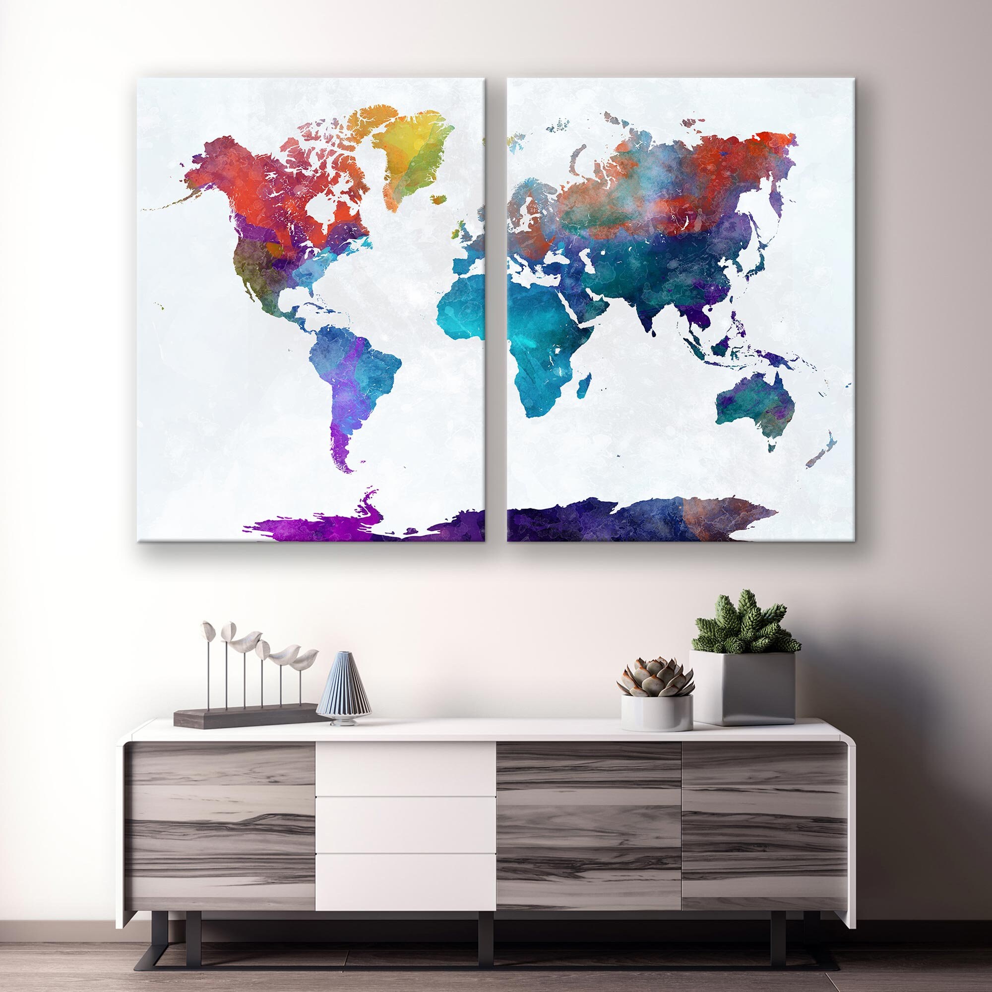 Watercolor World Map Canvas Print - Vibrant and Minimalist Wall Art for ...