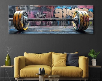 Panoramic Graffiti Barbell Canvas Print - Gym Wall Decor - Power Lifting Wall Art
