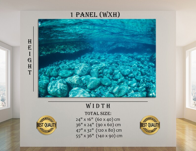 May include: A canvas print depicting an underwater scene with turquoise water and a rocky riverbed. The artwork is labeled "1 PANEL (WXH)" and lists total sizes from 24" x 16" to 55" x 36". The image includes "BEST QUALITY" seals.