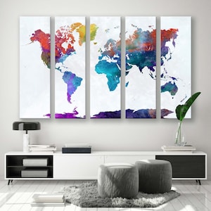 Impression sur toile aquarelle carte du monde - oeuvre d'art murale dynamique et minimaliste pour les explorateurs du monde