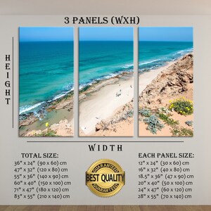 May include: A three-panel canvas print depicting a coastal scene. The artwork showcases a turquoise ocean meeting a sandy beach and rocky cliffs under a clear blue sky. The total size options are listed in inches and centimeters.