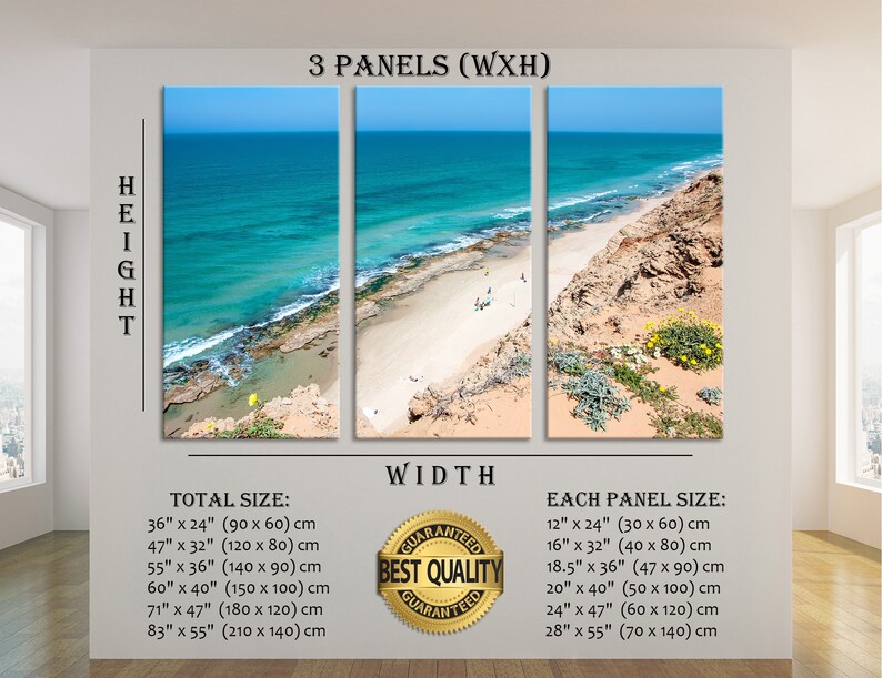 May include: A three-panel canvas print depicting a coastal scene. The artwork showcases a turquoise ocean meeting a sandy beach and rocky cliffs under a clear blue sky. The total size options are listed in inches and centimeters.