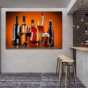 Luxurious Bar Decor: Captivating Still Life of Exquisite Glasses and Fine Alcohol Bottles - Mesmerizing Wall Art