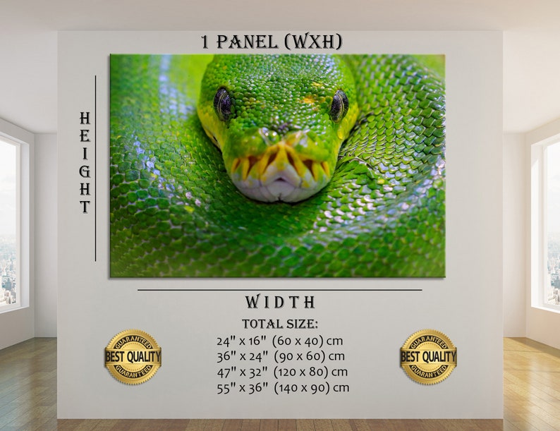 May include: Close-up of a green snake with a yellow mouth. The snake is curled up and its head is facing the camera. The image is a canvas print available in various sizes, including 60x40 cm, 90x60 cm, 120x80 cm, and 140x90 cm.