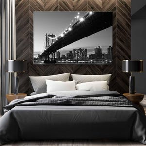 Manhattan Bridge Black & White Canvas Print - New York Night Wall Art - Framed and Stretched Cityscape Decor