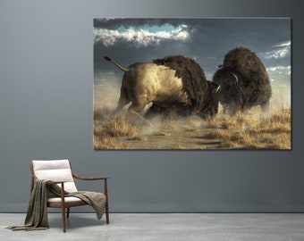 Two Great Bisons Wall Art Bison Canvas Extra Large Wall Art American Buffalo Canvas Print Cattle Art Wild Animal Print Multi Pieces Wall Art