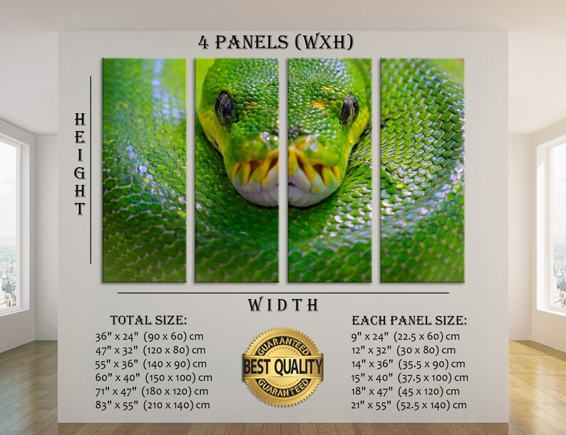 May include: A close-up of a green snake's head with a textured green body. The image is divided into four panels, with the snake's head spanning across the center two panels. The image is labelled "4 Panels (WxH)" and includes a size chart for the total size and each panel size in inches and centimetres.