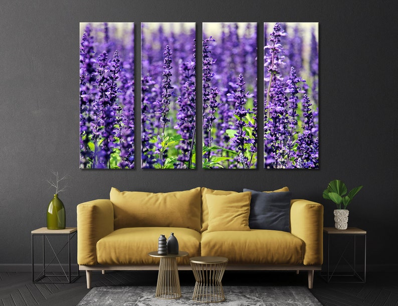 May include: A split-panel wall art print featuring a close-up of a field of purple lavender flowers.