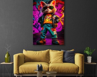 Modern canvastavla med graffiti och katt som bär solglasögon - Stor väggdekoration med gatukonst - Perfekt present till kattälskare