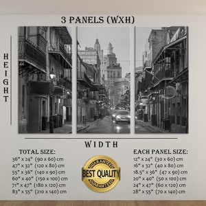 May include: Black and white triptych canvas art print depicting a city street scene with buildings and cars. The total size options range from 36" x 24" to 83" x 55". Each panel size is listed, starting at 12" x 24". The image includes the text "3 Panels (WXH)" and "Best Quality Guaranteed".