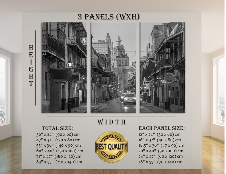 May include: Black and white triptych canvas art print depicting a city street scene with buildings and cars. The total size options range from 36" x 24" to 83" x 55". Each panel size is listed, starting at 12" x 24". The image includes the text "3 Panels (WXH)" and "Best Quality Guaranteed".