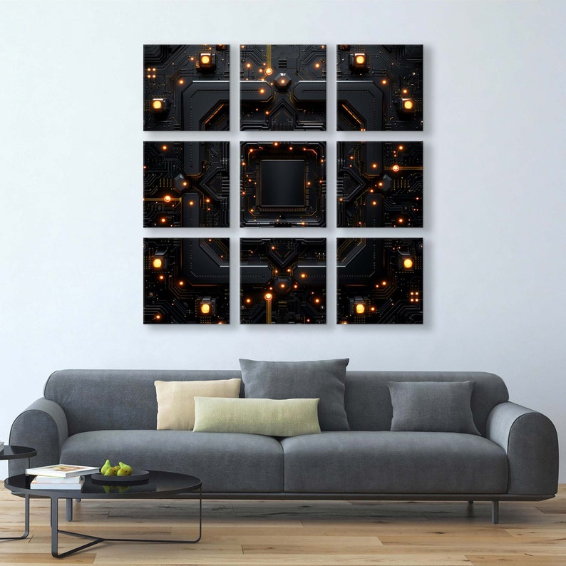 May include: A nine-piece wall art set featuring abstract black and gold circuit board designs. The artwork is arranged in a grid pattern and features glowing lights.