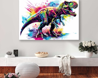 T-Rex Canvas Print, Colorful Realism, Bright Palette, Tyrannosaurus Wall Decor, Dino Wall Art