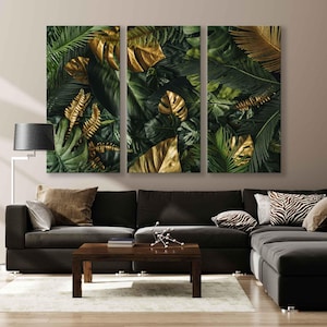Green and Golden Tropical Foliages Canvas Print, Extra Large Wall Art, Floral Decor