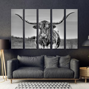Black and White Farmhouse Decor, Texas Longhorn Canvas Print