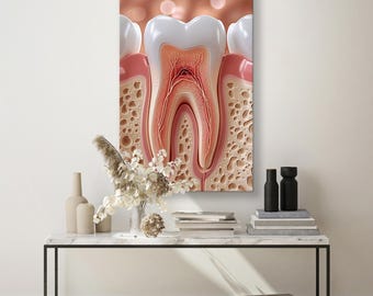 Puede incluir: Ilustración detallada de un corte transversal de un diente, mostrando el esmalte, la dentina, la pulpa y la estructura de la raíz. La imagen destaca la anatomía interna, con un enfoque en los vasos sanguíneos y los nervios. Fondo melocotón borroso.