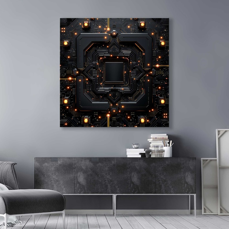 May include: A black and gold abstract digital art print with a circuit board design and glowing lights.