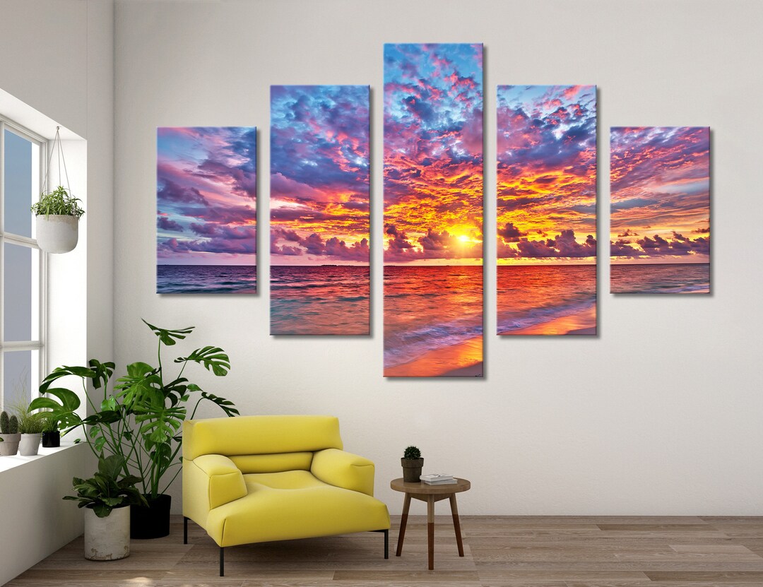 Colorful Sunset Over Ocean on Maldives Canvas Home Design Fluid Art ...