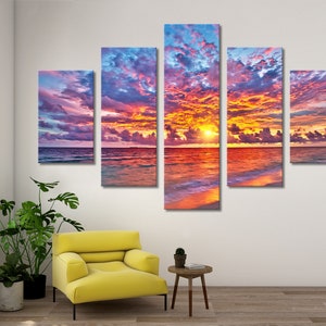 Colorful Sunset over Ocean on Maldives Canvas Home Design Fluid Art Mixed Paints and Love Wall Decor Abstract on Canvas Sunset Artwork Set