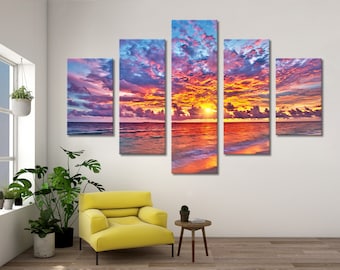 Colorful Sunset over Ocean on Maldives Canvas Home Design Fluid Art Mixed Paints and Love Wall Decor Abstract on Canvas Sunset Artwork Set