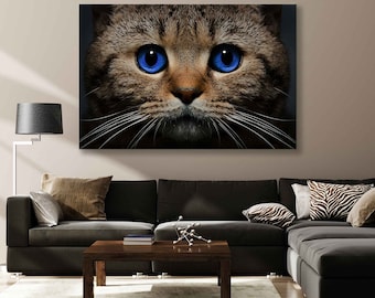 Retrato de gato de ojos azules, impresión en lienzo en escala de grises