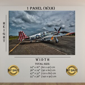 Puede incluir: Un avi&oacute;n de combate P-51 Mustang vintage, plateado y gris, con rayas rojas, blancas y azules en la cola, sentado en una pista con un cielo nublado en el fondo. El avi&oacute;n tiene una estrella en el lateral y el texto "M-C-M" en el fuselaje. La imagen est&aacute; etiquetada como "1 PANEL (WXH)" y muestra diferentes tama&ntilde;os en pulgadas y cent&iacute;metros.