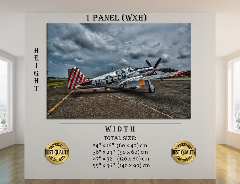 Puede incluir: Un avi&oacute;n de combate P-51 Mustang vintage, plateado y gris, con rayas rojas, blancas y azules en la cola, sentado en una pista con un cielo nublado en el fondo. El avi&oacute;n tiene una estrella en el lateral y el texto "M-C-M" en el fuselaje. La imagen est&aacute; etiquetada como "1 PANEL (WXH)" y muestra diferentes tama&ntilde;os en pulgadas y cent&iacute;metros.