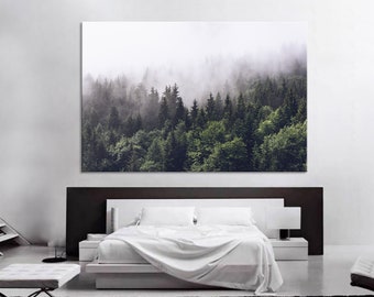 Brouillard matinal sur les montagnes, art mural, arbres, forêt, décoration murale, arbres, forêt, impression sur toile, très grande toile, ensemble de grandes toiles, impression d&#39;une grande affiche