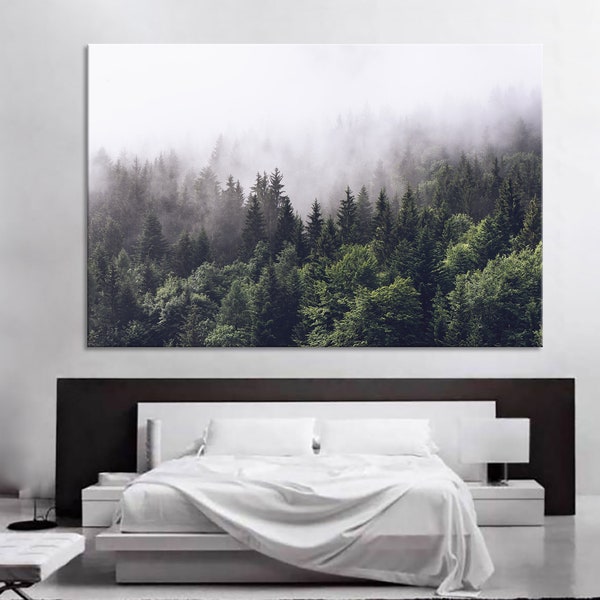 Brouillard matinal sur les montagnes, art mural, arbres, forêt, décoration murale, arbres, forêt, impression sur toile, très grande toile, ensemble de grandes toiles, impression d'une grande affiche