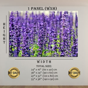 May include: A close-up photo of a field of purple lavender flowers. The image is for a 1 panel canvas print. The available sizes are 24x16 inches, 36x24 inches, 47x32 inches, and 55x36 inches.