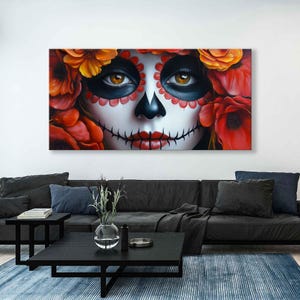 Day of The Dead Mexican Wall Art - Portrait of a Beautiful Girl Canvas Print, Skull Makeup Art, Dia De Los Muertos Artwork, Ready To Hang