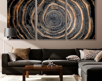 Impresión en lienzo de anillos dorados: tríptico abstracto para pared