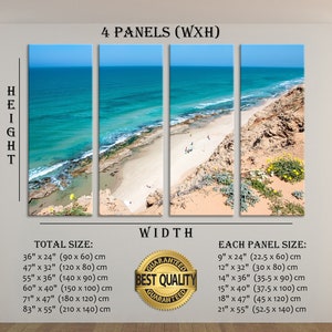 May include: Four-panel wall art featuring a coastal landscape. The artwork depicts a turquoise ocean, sandy beach, and rocky cliffs under a clear blue sky. The total size options range from 36" x 24" to 83" x 55".