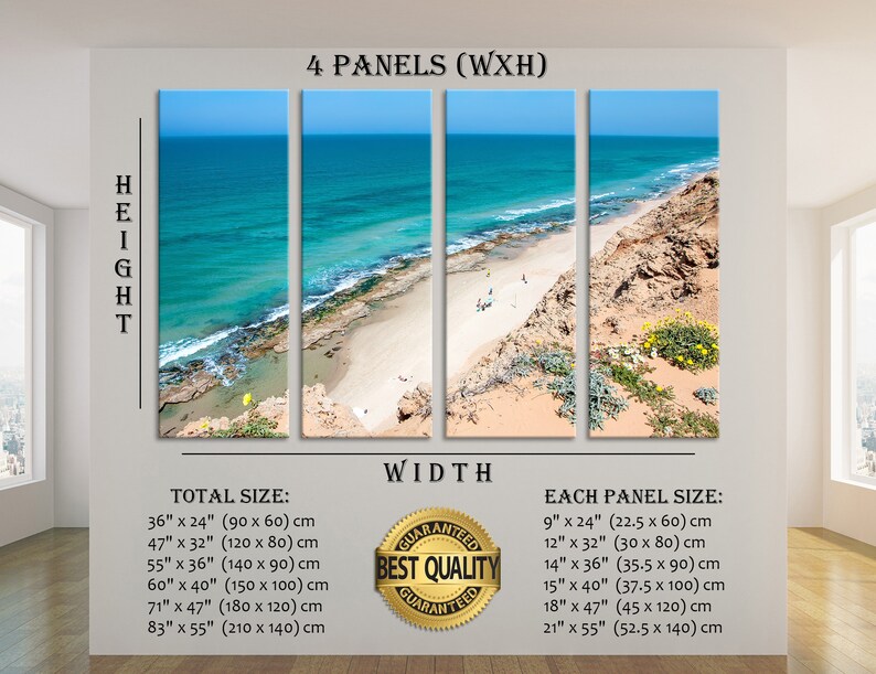 May include: Four-panel wall art featuring a coastal landscape. The artwork depicts a turquoise ocean, sandy beach, and rocky cliffs under a clear blue sky. The total size options range from 36" x 24" to 83" x 55".