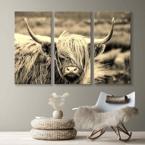 Scottish Highland Cattle Wall Art in Sepia Style - Rustic Animal Canvas Print for Farmhouse Decor