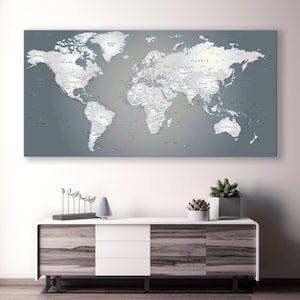 Art mural détaillé de carte du monde, carte détaillée du monde, épinglez votre oeuvre d'art de toile de carte du monde de voyage, oeuvre d'art artisanale d'impression sur toile de carte du monde