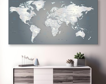 Detailed World Map Wall Art, Detailed Map of the World, Pin your Travel World Map Canvas Artwork, World Map Canvas Print Handcraft Artwork