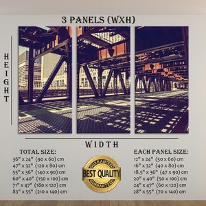 May include: A three-panel canvas print featuring a photograph of an urban cityscape with a bridge and shadows. The image is in a vintage style with muted colors. The print is available in various sizes, with the total size ranging from 36 inches by 24 inches to 83 inches by 55 inches. Each panel is available in sizes ranging from 12 inches by 24 inches to 28 inches by 55 inches.
