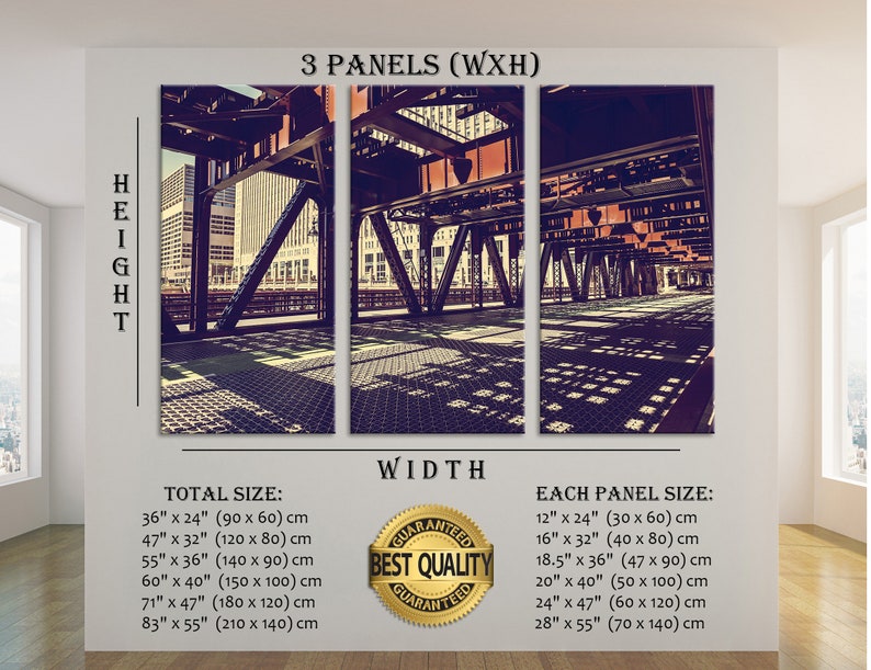 May include: A three-panel canvas print featuring a photograph of an urban cityscape with a bridge and shadows. The image is in a vintage style with muted colors. The print is available in various sizes, with the total size ranging from 36 inches by 24 inches to 83 inches by 55 inches. Each panel is available in sizes ranging from 12 inches by 24 inches to 28 inches by 55 inches.